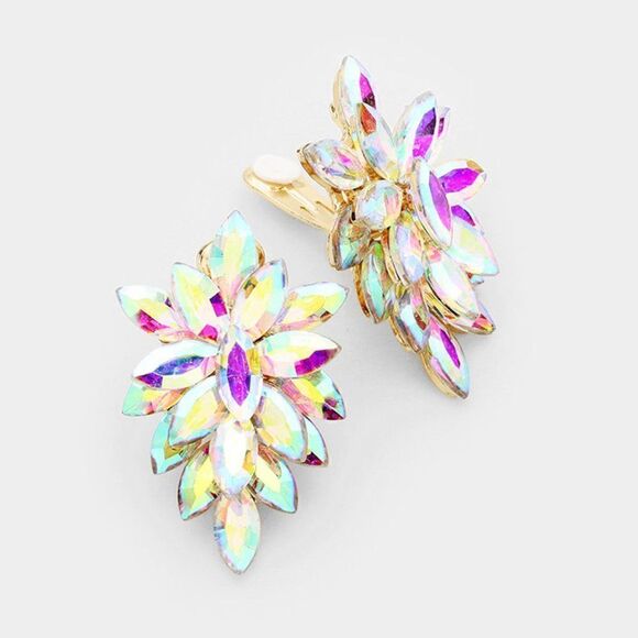 Oval Crystal Aurora Borealis Cluster Clip on Gold Earrings - Picture 1 of 5